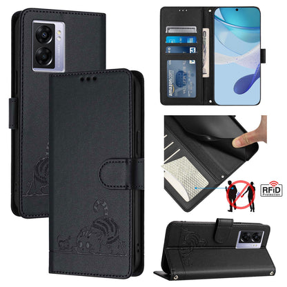 OPPO A97 5G Cat & Rat Embossed RFID Leather Case, Lanyard, Wallet, Card Slots, Kickstand, Anti-Fall, Scratch-Resistant