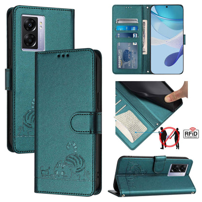 OPPO A97 5G Cat & Rat Embossed RFID Leather Case, Lanyard, Wallet, Card Slots, Kickstand, Anti-Fall, Scratch-Resistant
