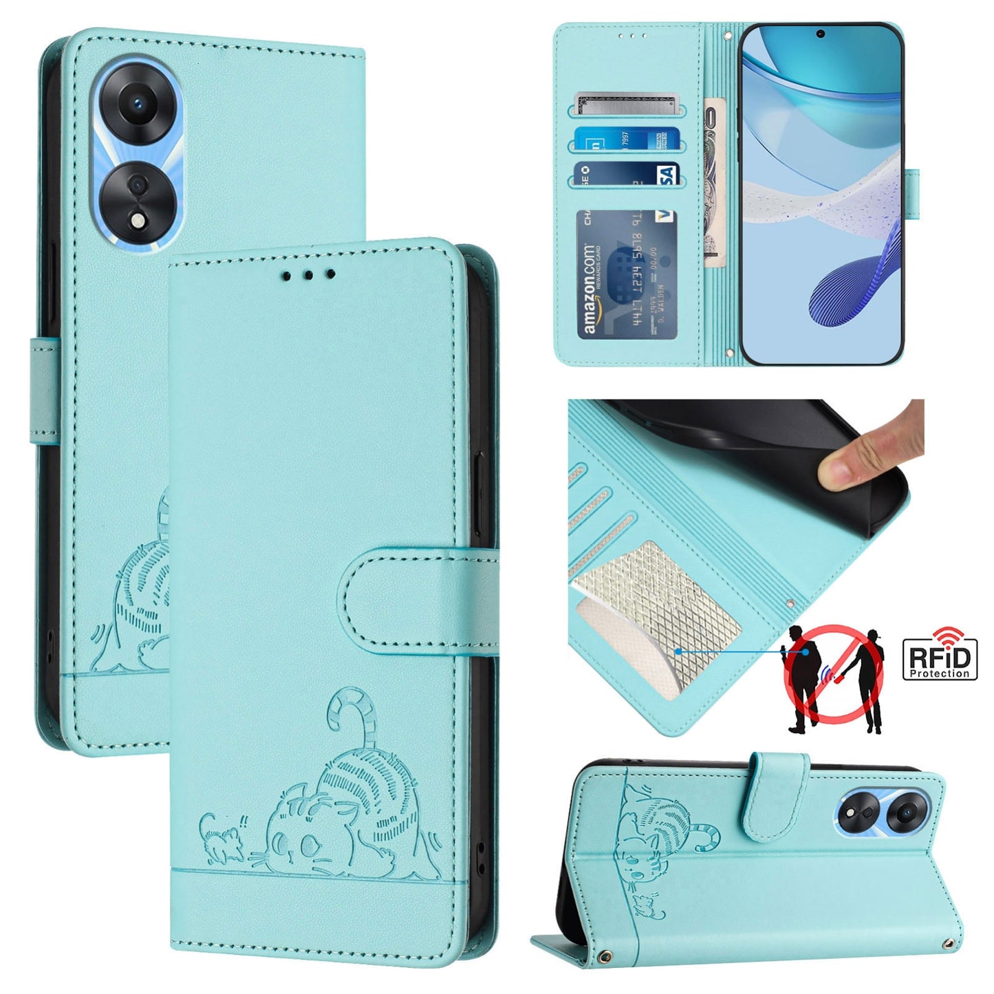 OPPO A1X 5G Cat & Rat Embossed RFID Leather Case, Lanyard, Wallet, Card Slots, Kickstand, Anti-Fall, Scratch-Resistant