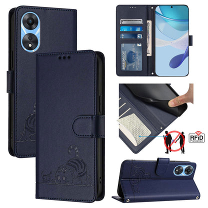 OPPO A78 5G Global Cat & Rat Embossed RFID Leather Case, Lanyard, Wallet, Card Slots, Kickstand, Anti-Fall, Scratch-Resistant