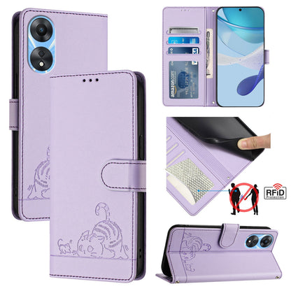 OPPO A1X 5G Cat & Rat Embossed RFID Leather Case, Lanyard, Wallet, Card Slots, Kickstand, Anti-Fall, Scratch-Resistant