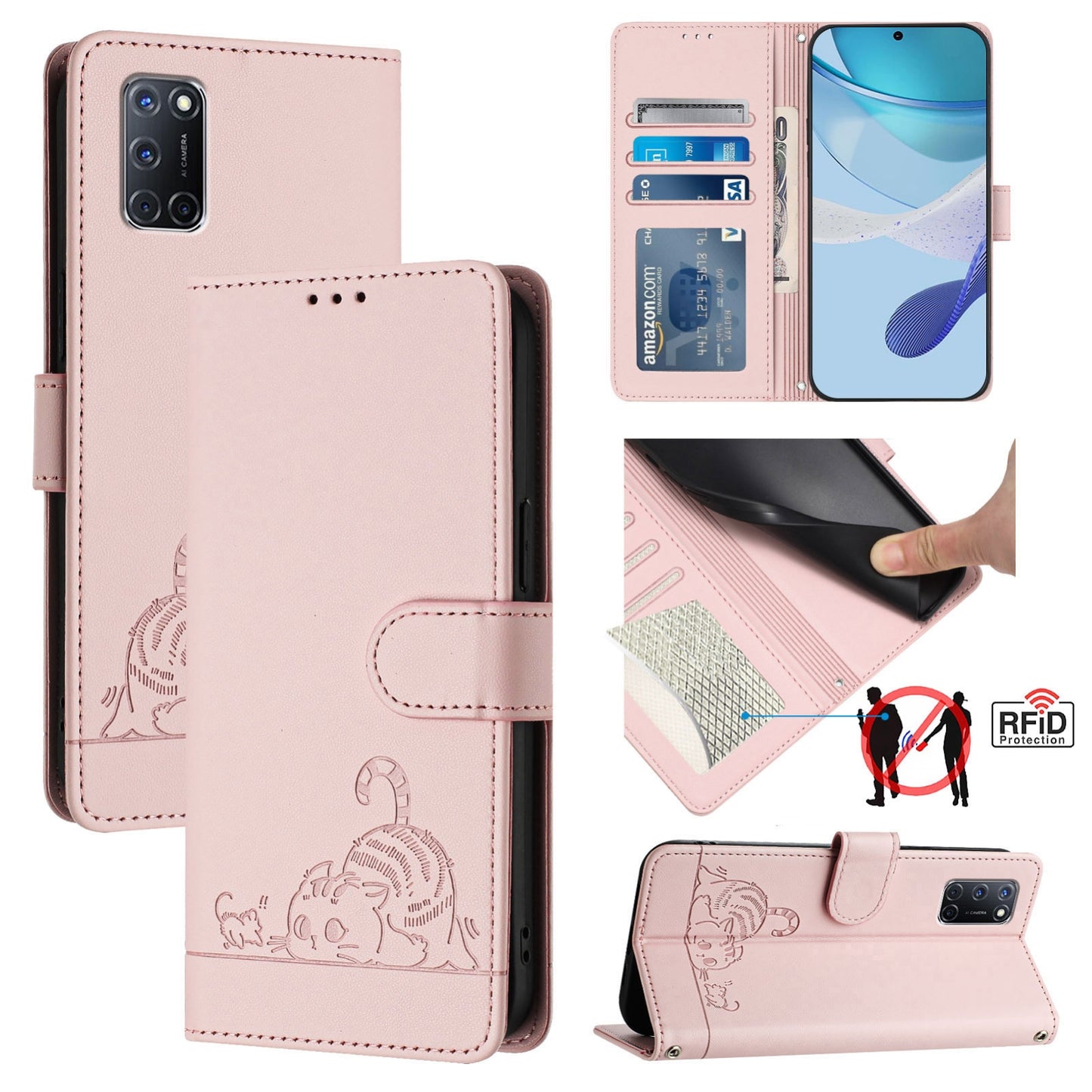 OPPO A52 Cat & Rat Embossed RFID Leather Case, Lanyard, Wallet, Card Slots, Kickstand, Anti-Fall, Scratch-Resistant