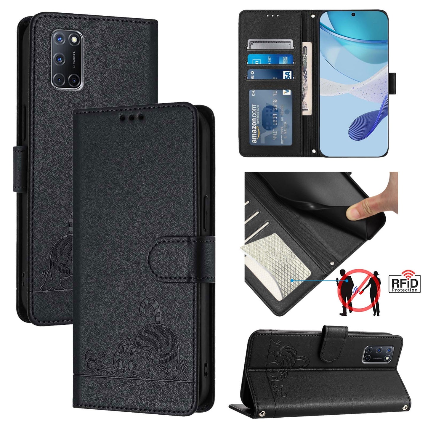 OPPO A52 Cat & Rat Embossed RFID Leather Case, Lanyard, Wallet, Card Slots, Kickstand, Anti-Fall, Scratch-Resistant