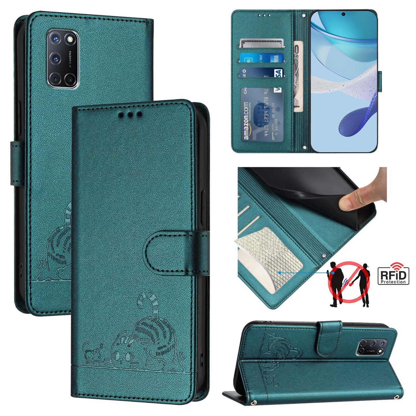 OPPO A52 Cat & Rat Embossed RFID Leather Case, Lanyard, Wallet, Card Slots, Kickstand, Anti-Fall, Scratch-Resistant