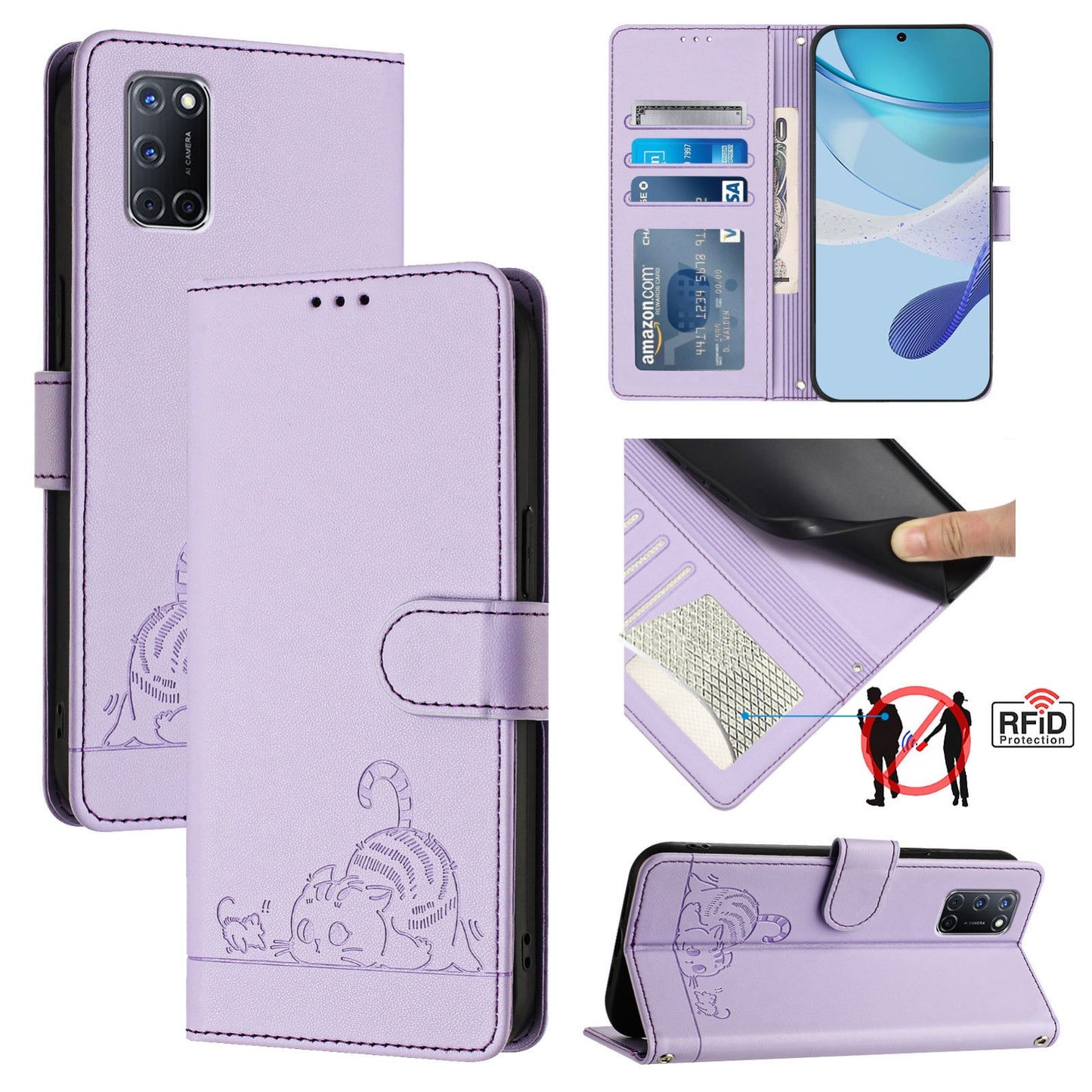 OPPO A52 Cat & Rat Embossed RFID Leather Case, Lanyard, Wallet, Card Slots, Kickstand, Anti-Fall, Scratch-Resistant