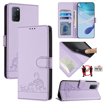 OPPO A52 Cat & Rat Embossed RFID Leather Case, Lanyard, Wallet, Card Slots, Kickstand, Anti-Fall, Scratch-Resistant