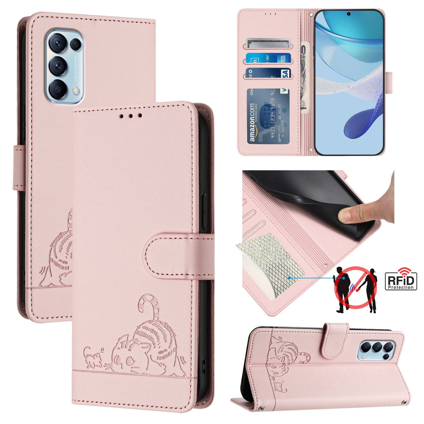 OPPO Find X3 Lite Cat & Rat Embossed RFID Leather Case, Lanyard, Wallet, Card Slots, Kickstand, Anti-Fall, Scratch-Resistant