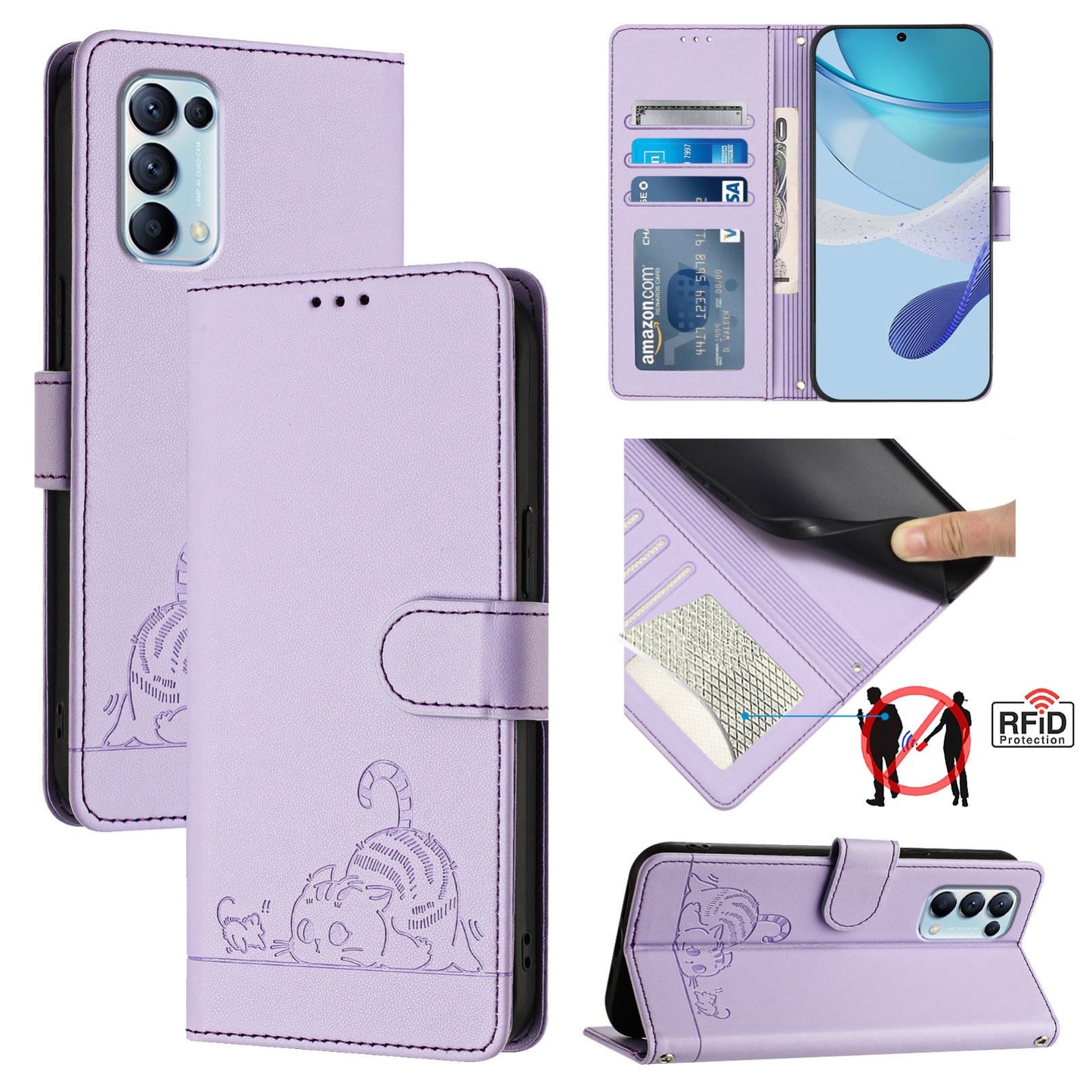 OPPO Find X3 Lite Cat & Rat Embossed RFID Leather Case, Lanyard, Wallet, Card Slots, Kickstand, Anti-Fall, Scratch-Resistant
