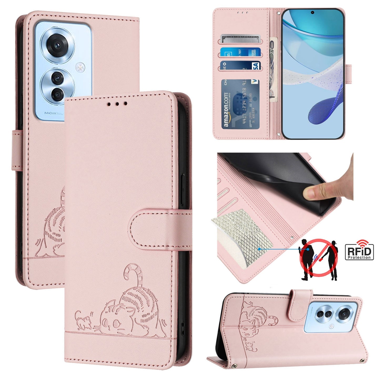 OPPO F25 Pro 5G India Cat & Rat Embossed RFID Leather Case, Lanyard, Wallet, Card Slots, Kickstand, Anti-Fall, Scratch-Resistant