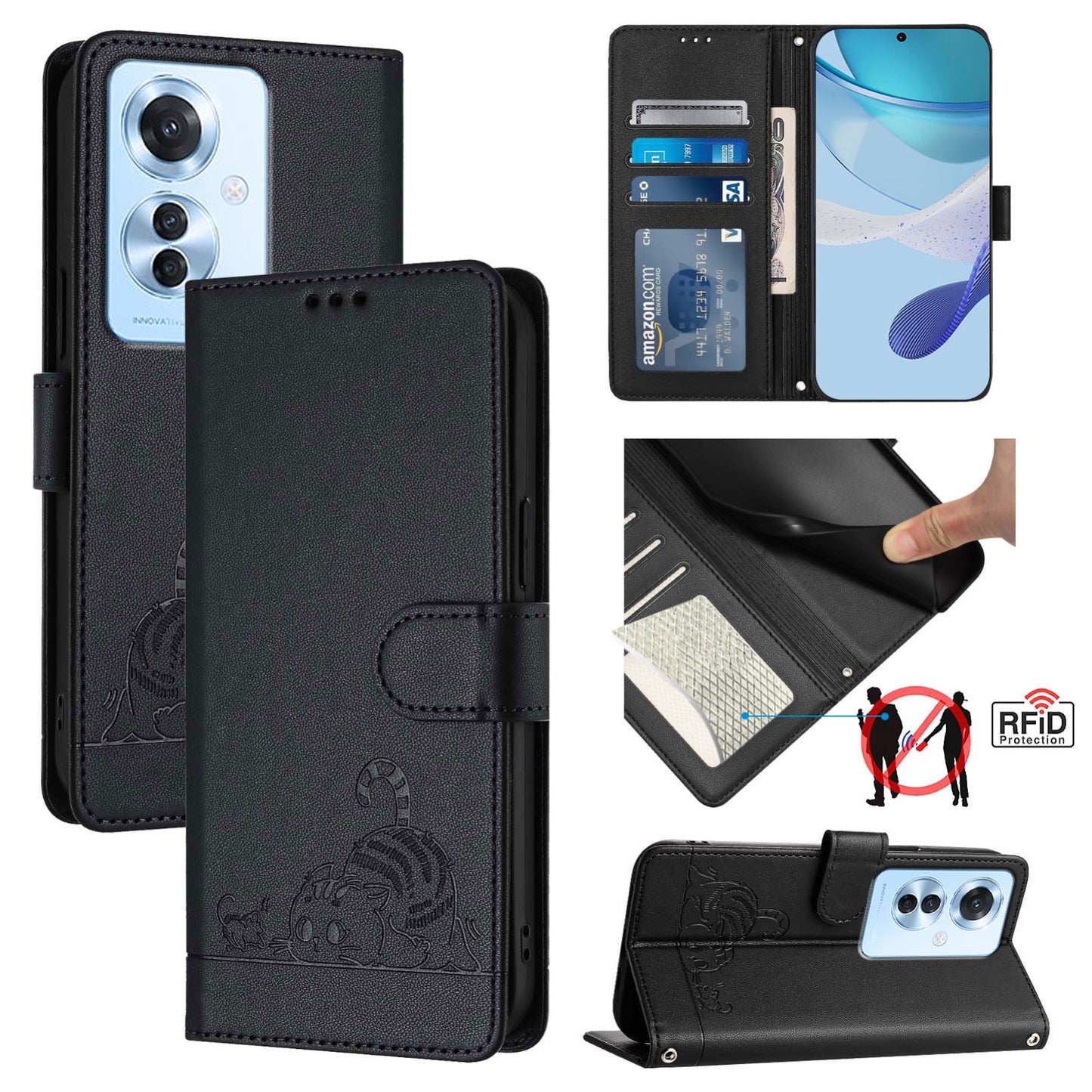 OPPO F25 Pro 5G India Cat & Rat Embossed RFID Leather Case, Lanyard, Wallet, Card Slots, Kickstand, Anti-Fall, Scratch-Resistant