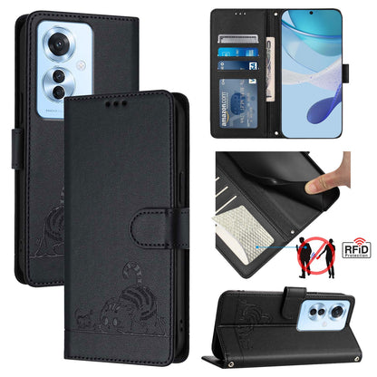 OPPO F25 Pro 5G India Cat & Rat Embossed RFID Leather Case, Lanyard, Wallet, Card Slots, Kickstand, Anti-Fall, Scratch-Resistant