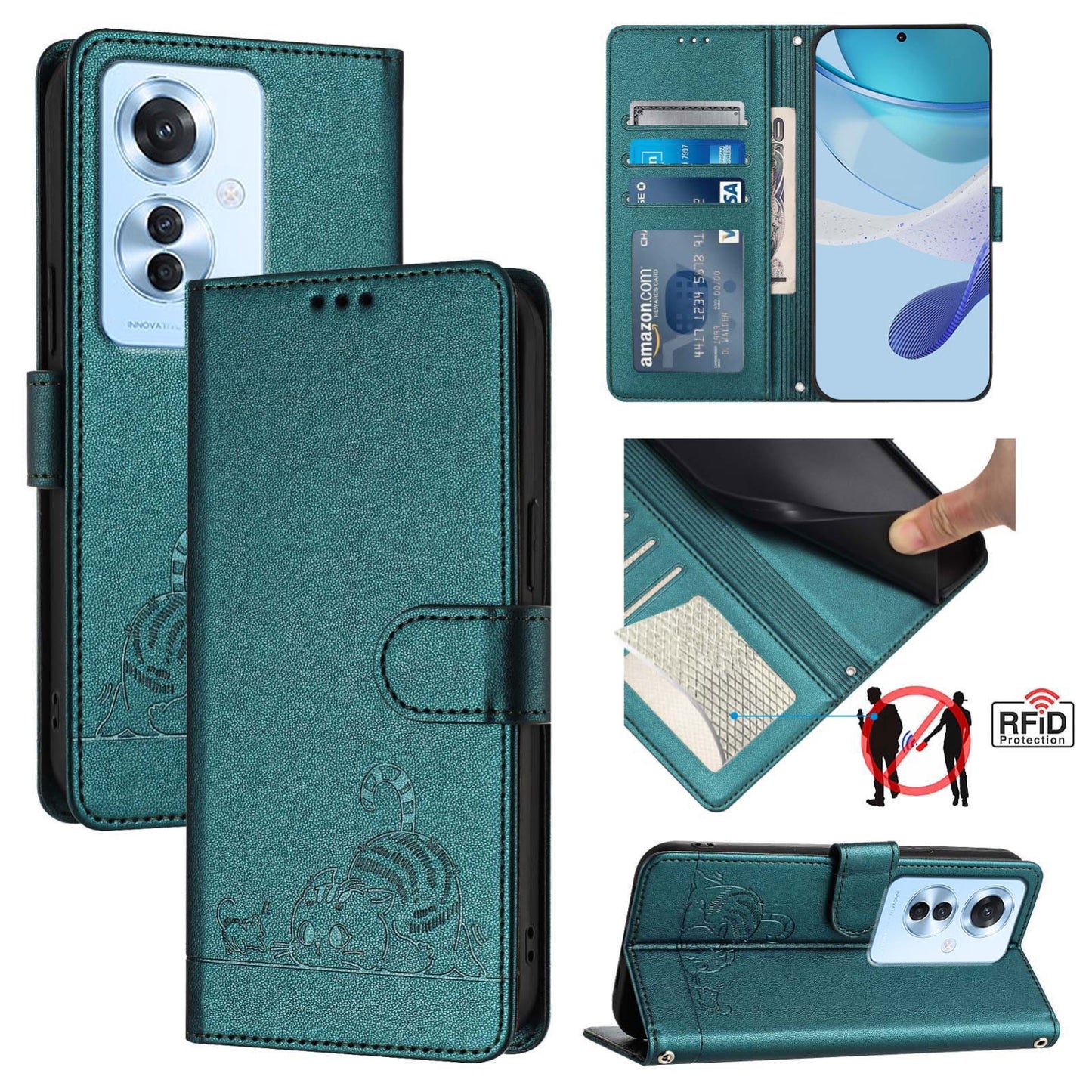 OPPO F25 Pro 5G India Cat & Rat Embossed RFID Leather Case, Lanyard, Wallet, Card Slots, Kickstand, Anti-Fall, Scratch-Resistant