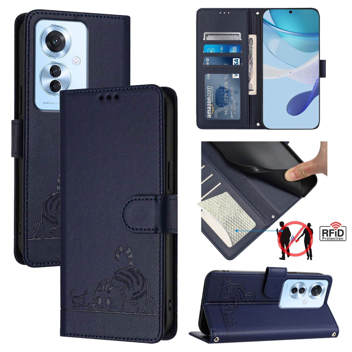 OPPO F25 Pro 5G India Cat & Rat Embossed RFID Leather Case, Lanyard, Wallet, Card Slots, Kickstand, Anti-Fall, Scratch-Resistant