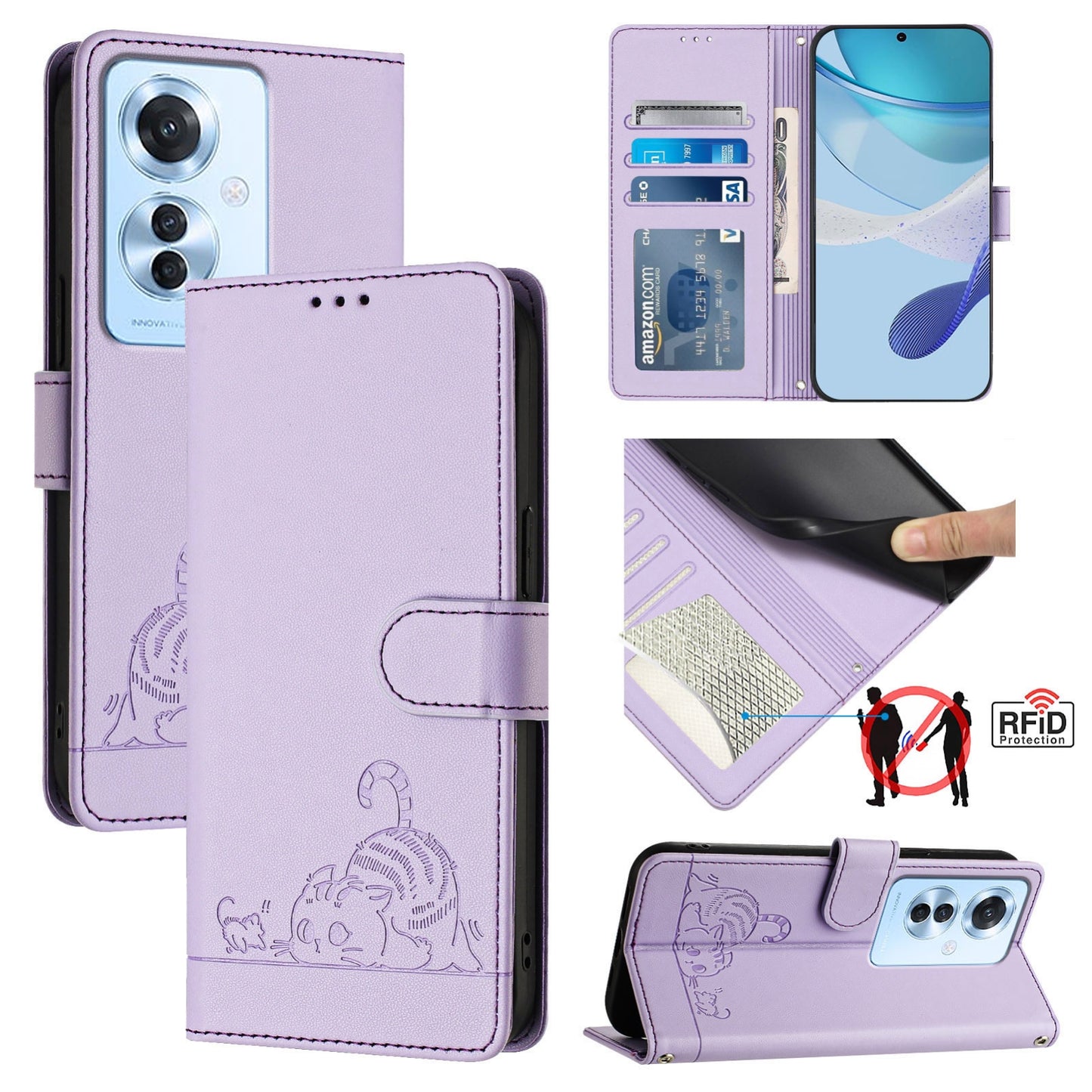 OPPO F25 Pro 5G India Cat & Rat Embossed RFID Leather Case, Lanyard, Wallet, Card Slots, Kickstand, Anti-Fall, Scratch-Resistant