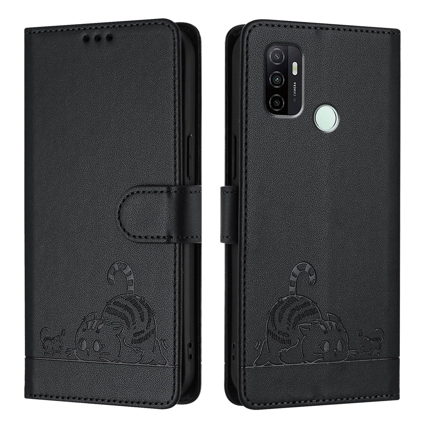 OPPO A32 2020 4G Cat & Rat Embossed RFID Leather Case, Lanyard, Wallet, Card Slots, Kickstand, Anti-Fall, Scratch-Resistant