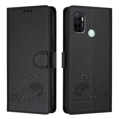 OPPO A32 2020 4G Cat & Rat Embossed RFID Leather Case, Lanyard, Wallet, Card Slots, Kickstand, Anti-Fall, Scratch-Resistant