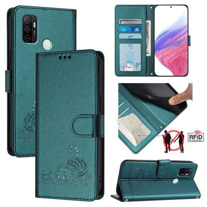 OPPO A32 2020 4G Cat & Rat Embossed RFID Leather Case, Lanyard, Wallet, Card Slots, Kickstand, Anti-Fall, Scratch-Resistant