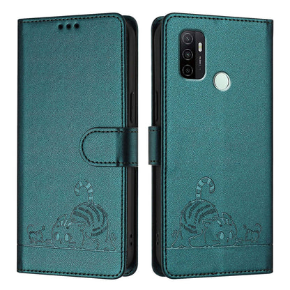 OPPO A32 2020 4G Cat & Rat Embossed RFID Leather Case, Lanyard, Wallet, Card Slots, Kickstand, Anti-Fall, Scratch-Resistant