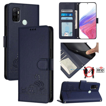 OPPO A32 2020 4G Cat & Rat Embossed RFID Leather Case, Lanyard, Wallet, Card Slots, Kickstand, Anti-Fall, Scratch-Resistant