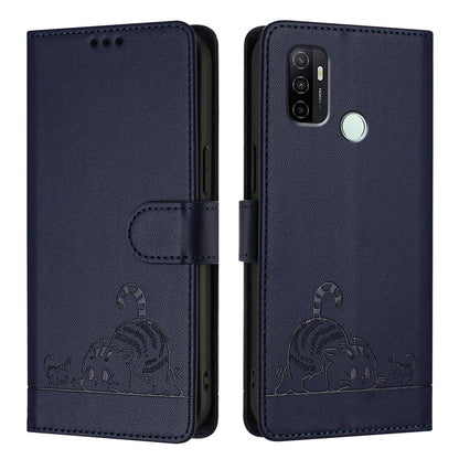 OPPO A32 2020 4G Cat & Rat Embossed RFID Leather Case, Lanyard, Wallet, Card Slots, Kickstand, Anti-Fall, Scratch-Resistant