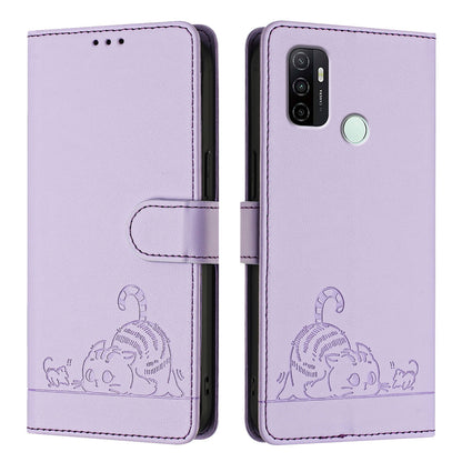OPPO A32 2020 4G Cat & Rat Embossed RFID Leather Case, Lanyard, Wallet, Card Slots, Kickstand, Anti-Fall, Scratch-Resistant