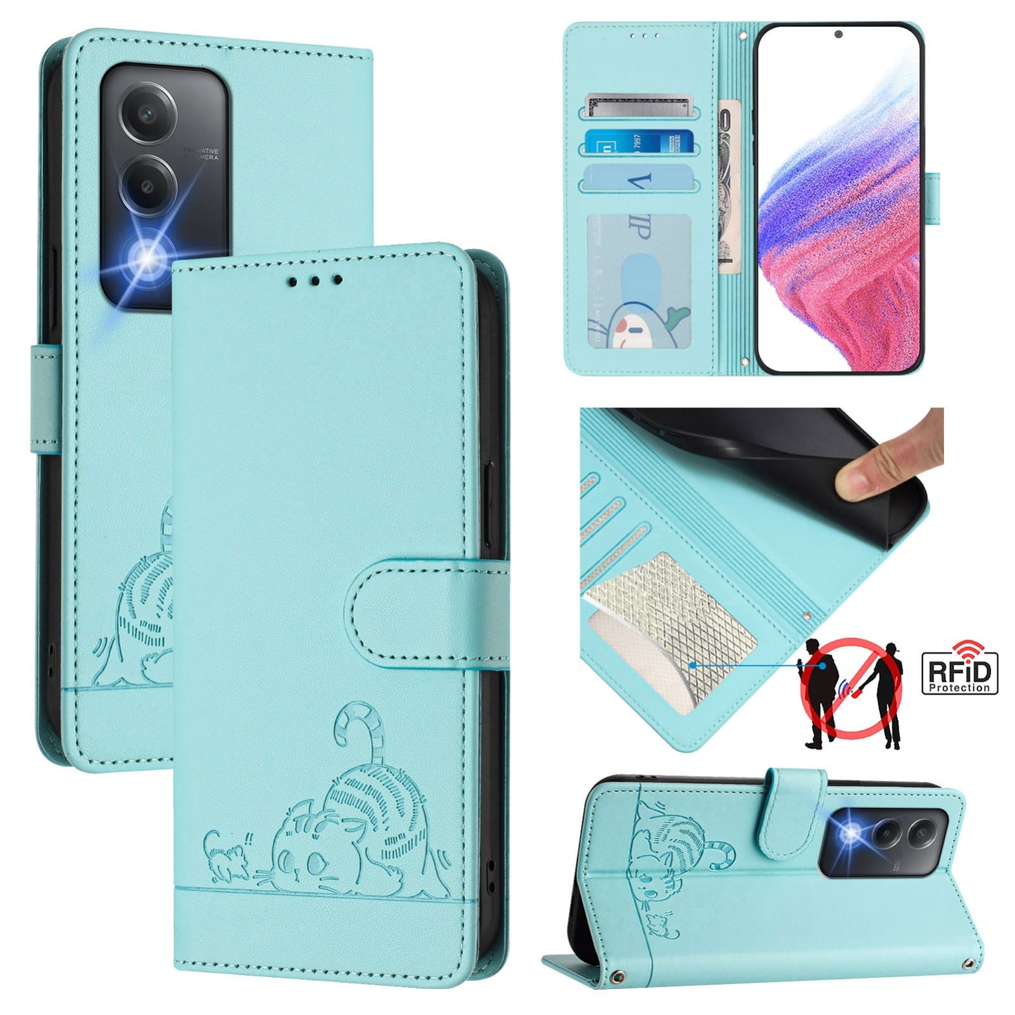 OPPO A80 5G EU Cat & Rat Embossed RFID Leather Case, Lanyard, Wallet, Card Slots, Kickstand, Anti-Fall, Scratch-Resistant