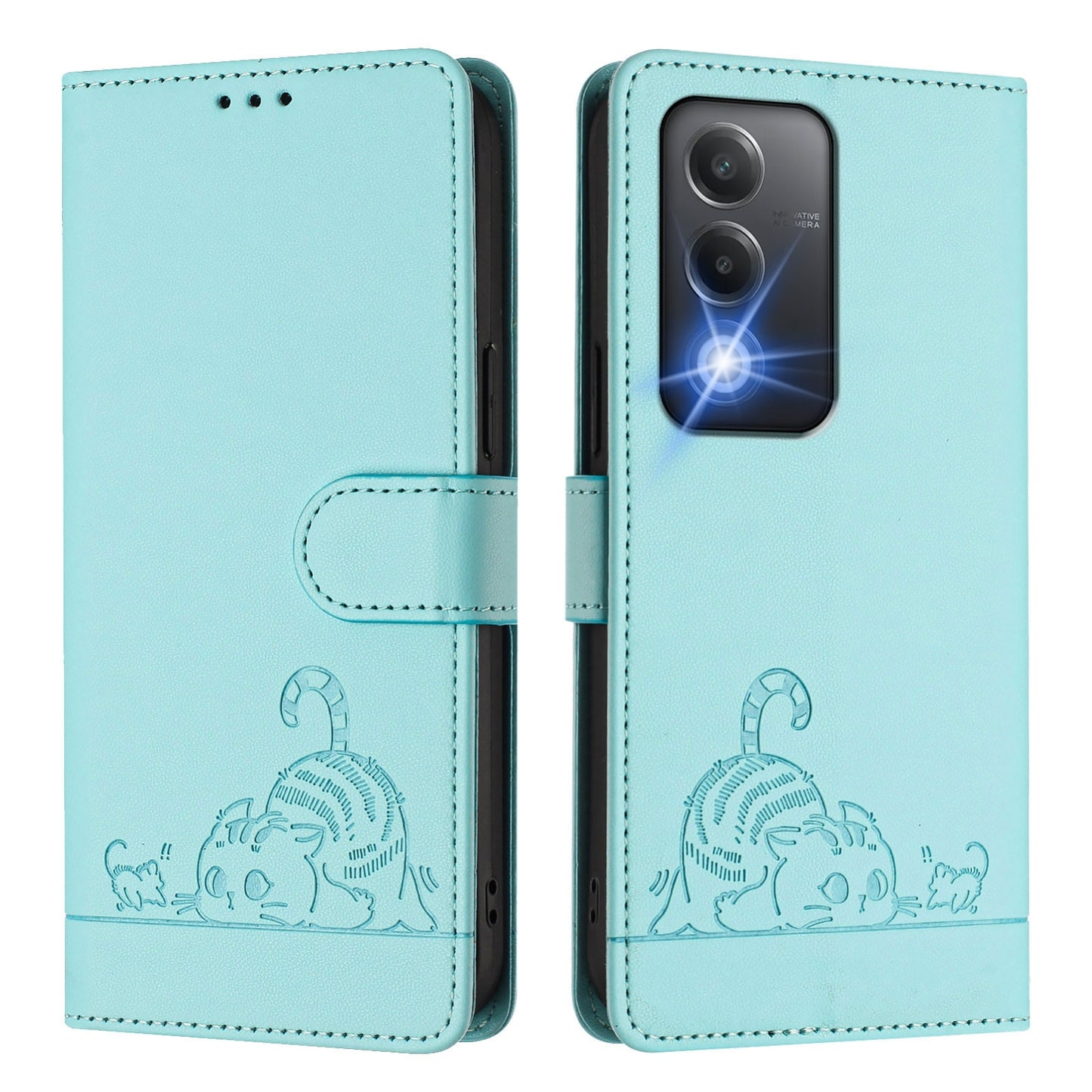 OPPO A80 5G EU Cat & Rat Embossed RFID Leather Case, Lanyard, Wallet, Card Slots, Kickstand, Anti-Fall, Scratch-Resistant