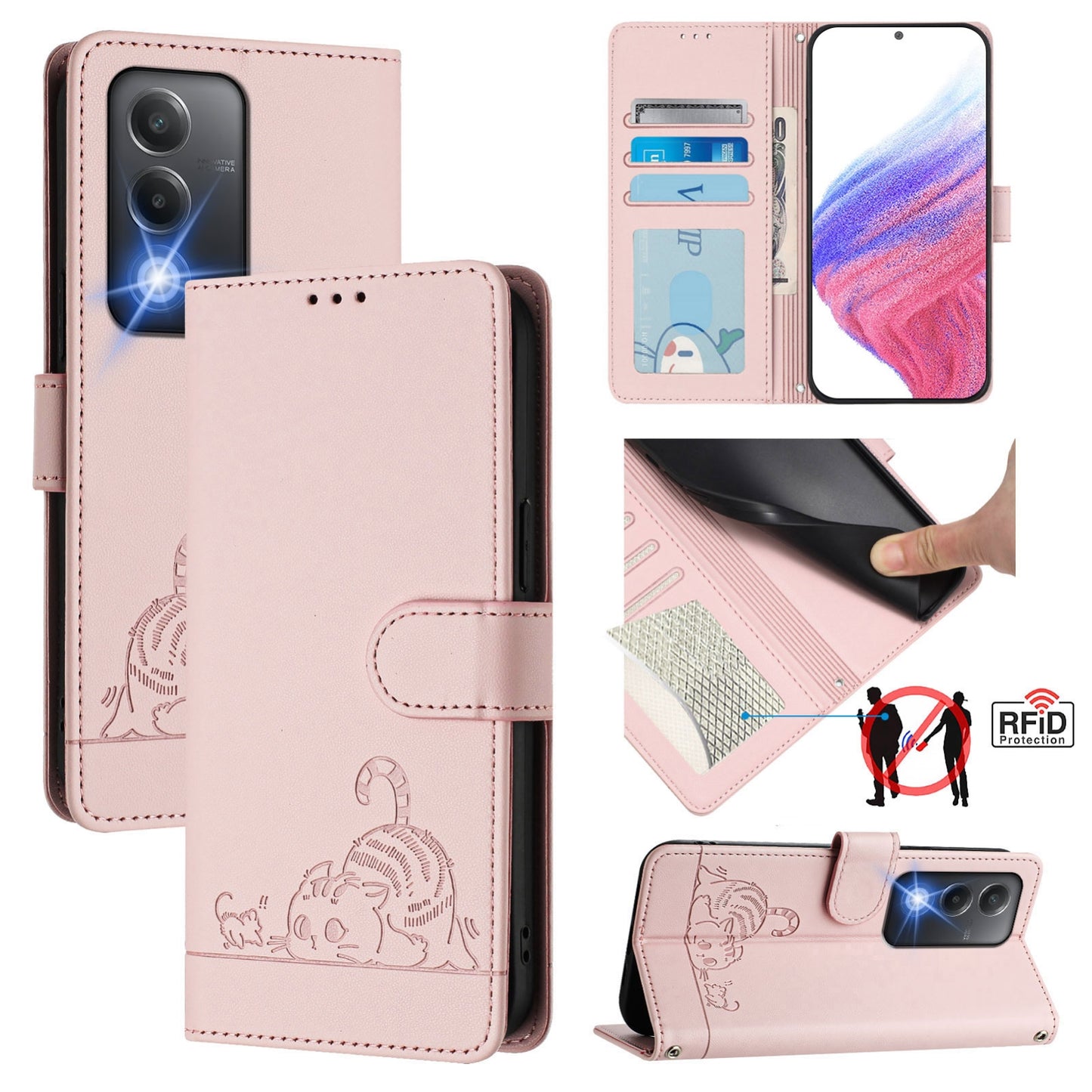 OPPO A80 5G EU Cat & Rat Embossed RFID Leather Case, Lanyard, Wallet, Card Slots, Kickstand, Anti-Fall, Scratch-Resistant