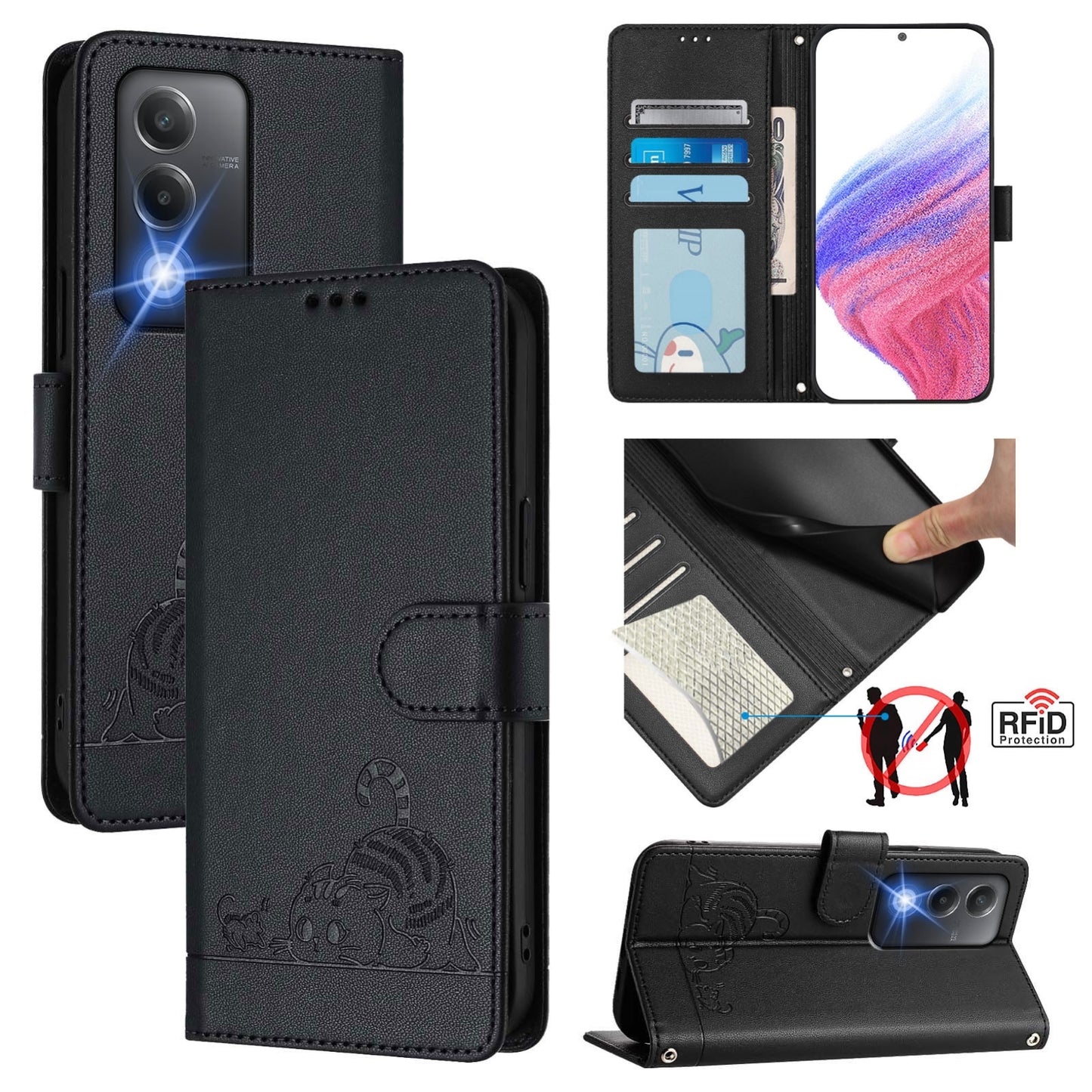 OPPO A80 5G EU Cat & Rat Embossed RFID Leather Case, Lanyard, Wallet, Card Slots, Kickstand, Anti-Fall, Scratch-Resistant