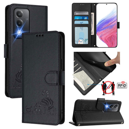 OPPO A80 5G EU Cat & Rat Embossed RFID Leather Case, Lanyard, Wallet, Card Slots, Kickstand, Anti-Fall, Scratch-Resistant