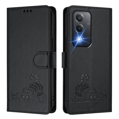 OPPO A80 5G EU Cat & Rat Embossed RFID Leather Case, Lanyard, Wallet, Card Slots, Kickstand, Anti-Fall, Scratch-Resistant