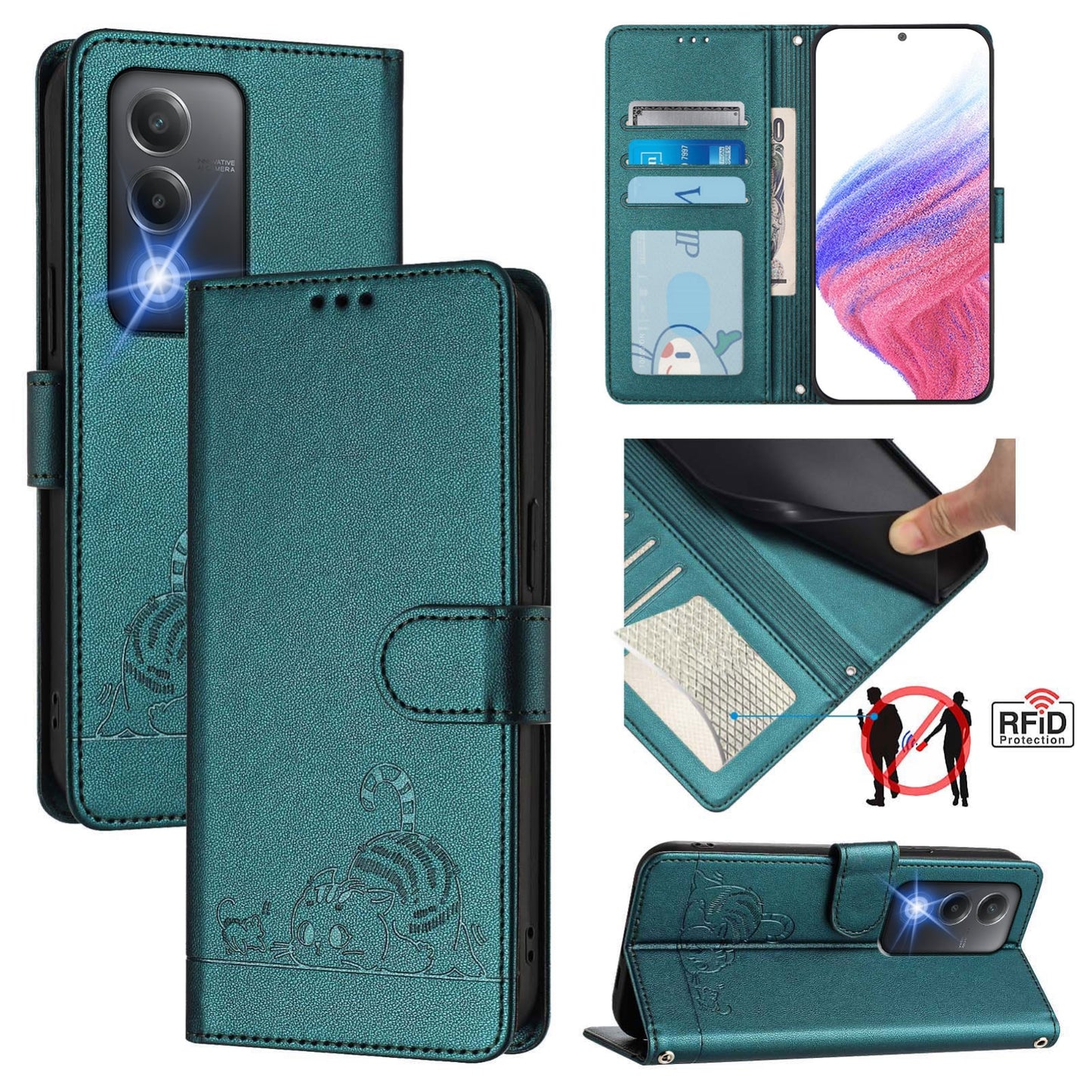 OPPO A80 5G EU Cat & Rat Embossed RFID Leather Case, Lanyard, Wallet, Card Slots, Kickstand, Anti-Fall, Scratch-Resistant