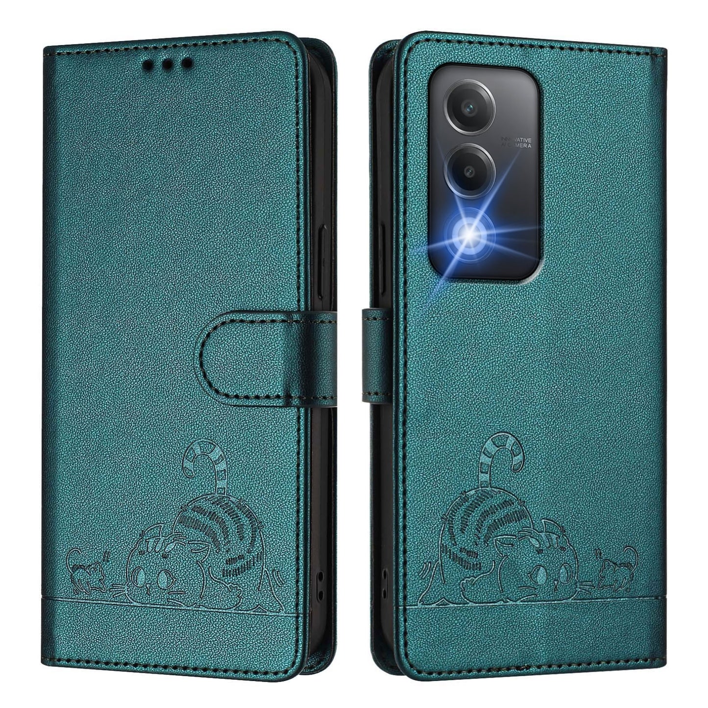 OPPO A80 5G EU Cat & Rat Embossed RFID Leather Case, Lanyard, Wallet, Card Slots, Kickstand, Anti-Fall, Scratch-Resistant