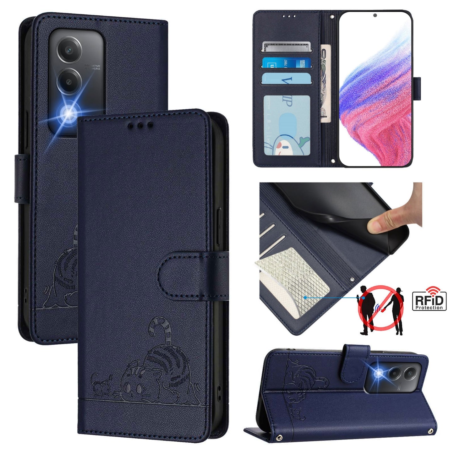 OPPO A80 5G EU Cat & Rat Embossed RFID Leather Case, Lanyard, Wallet, Card Slots, Kickstand, Anti-Fall, Scratch-Resistant