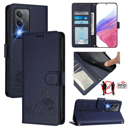 OPPO A80 5G EU Cat & Rat Embossed RFID Leather Case, Lanyard, Wallet, Card Slots, Kickstand, Anti-Fall, Scratch-Resistant