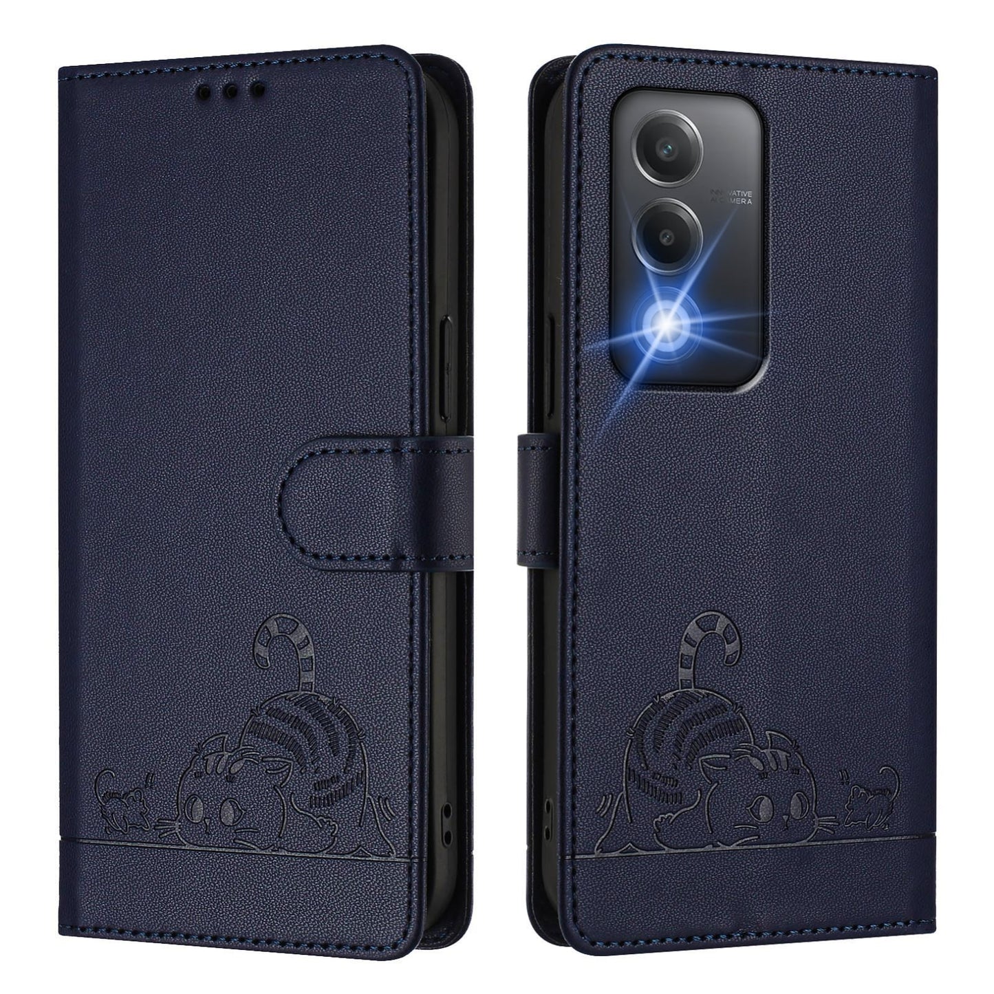 OPPO A80 5G EU Cat & Rat Embossed RFID Leather Case, Lanyard, Wallet, Card Slots, Kickstand, Anti-Fall, Scratch-Resistant