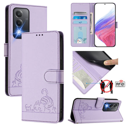 OPPO A80 5G EU Cat & Rat Embossed RFID Leather Case, Lanyard, Wallet, Card Slots, Kickstand, Anti-Fall, Scratch-Resistant