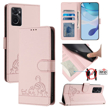 Realme 9i 4G Cat & Rat Embossed RFID Leather Case, Lanyard, Wallet, Card Slots, Kickstand, Anti-Fall, Scratch-Resistant