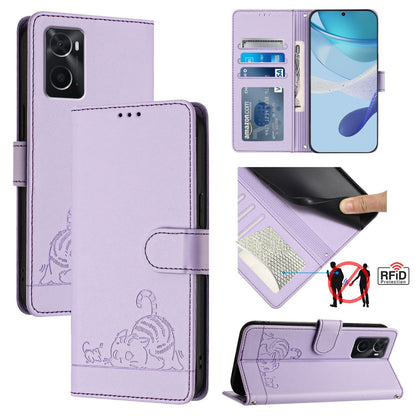 Realme 9i 4G Cat & Rat Embossed RFID Leather Case, Lanyard, Wallet, Card Slots, Kickstand, Anti-Fall, Scratch-Resistant