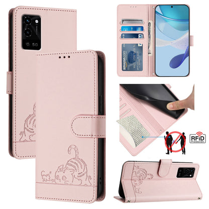 Realme V11 5G Cat & Rat Embossed RFID Leather Case, Lanyard, Wallet, Card Slots, Kickstand, Anti-Fall, Scratch-Resistant