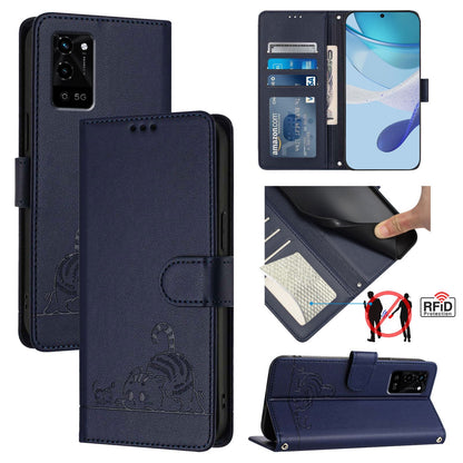 Realme V11 5G Cat & Rat Embossed RFID Leather Case, Lanyard, Wallet, Card Slots, Kickstand, Anti-Fall, Scratch-Resistant