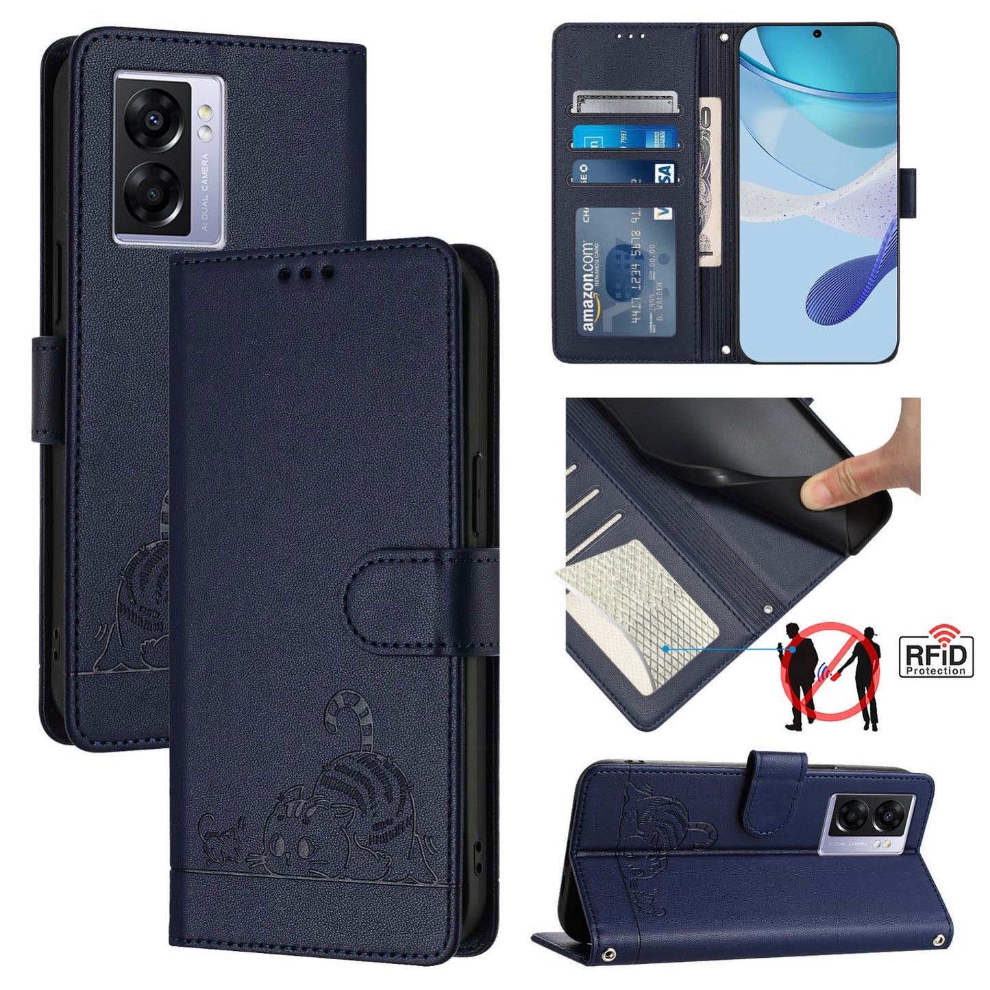 Realme Q5i Cat & Rat Embossed RFID Leather Case, Lanyard, Wallet, Card Slots, Kickstand, Anti-Fall, Scratch-Resistant