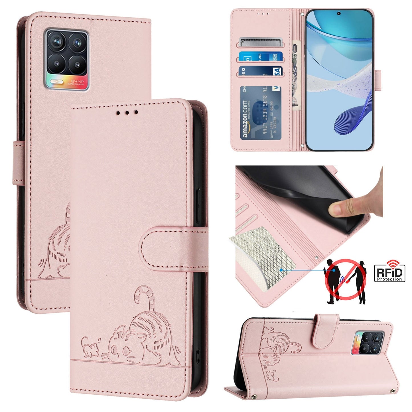 Realme 8 4G Cat & Rat Embossed RFID Leather Case, Lanyard, Wallet, Card Slots, Kickstand, Anti-Fall, Scratch-Resistant