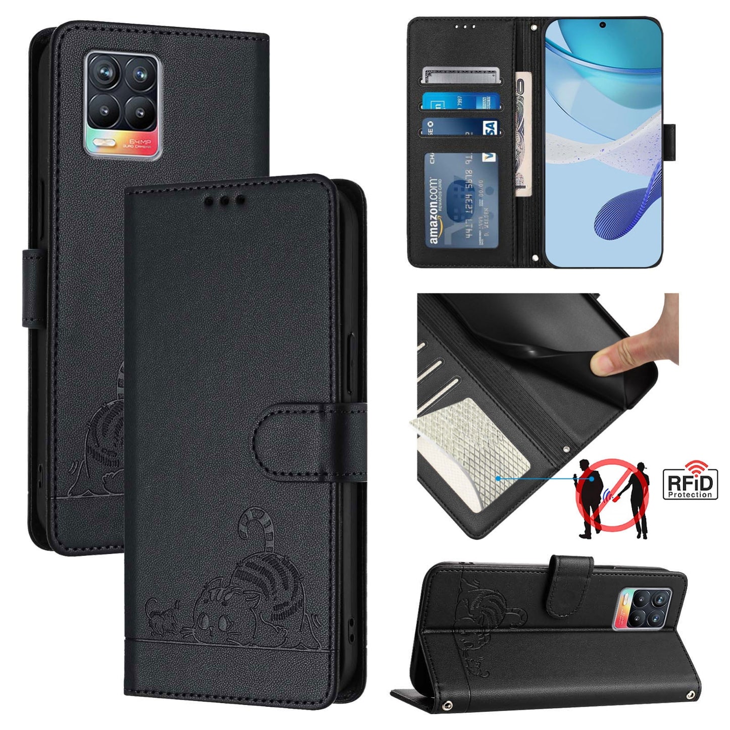 Realme 8 4G Cat & Rat Embossed RFID Leather Case, Lanyard, Wallet, Card Slots, Kickstand, Anti-Fall, Scratch-Resistant
