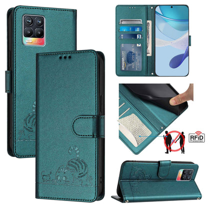 Realme 8 4G Cat & Rat Embossed RFID Leather Case, Lanyard, Wallet, Card Slots, Kickstand, Anti-Fall, Scratch-Resistant