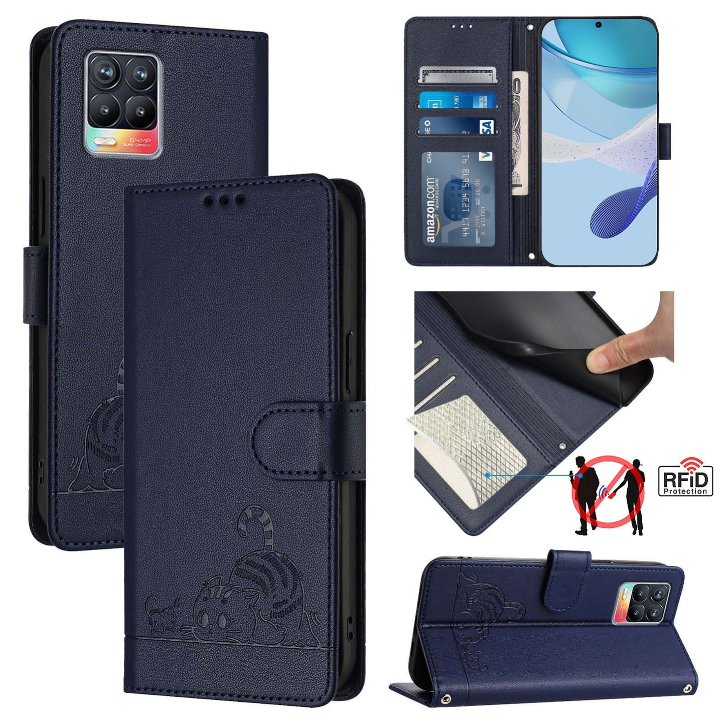 Realme 8 4G Cat & Rat Embossed RFID Leather Case, Lanyard, Wallet, Card Slots, Kickstand, Anti-Fall, Scratch-Resistant