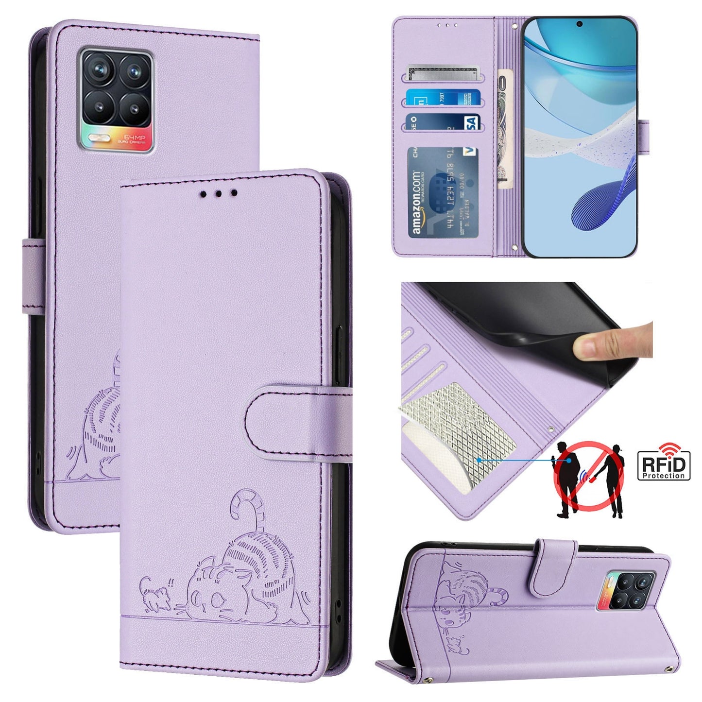 Realme 8 Pro 4G Cat & Rat Embossed RFID Leather Case, Lanyard, Wallet, Card Slots, Kickstand, Anti-Fall, Scratch-Resistant