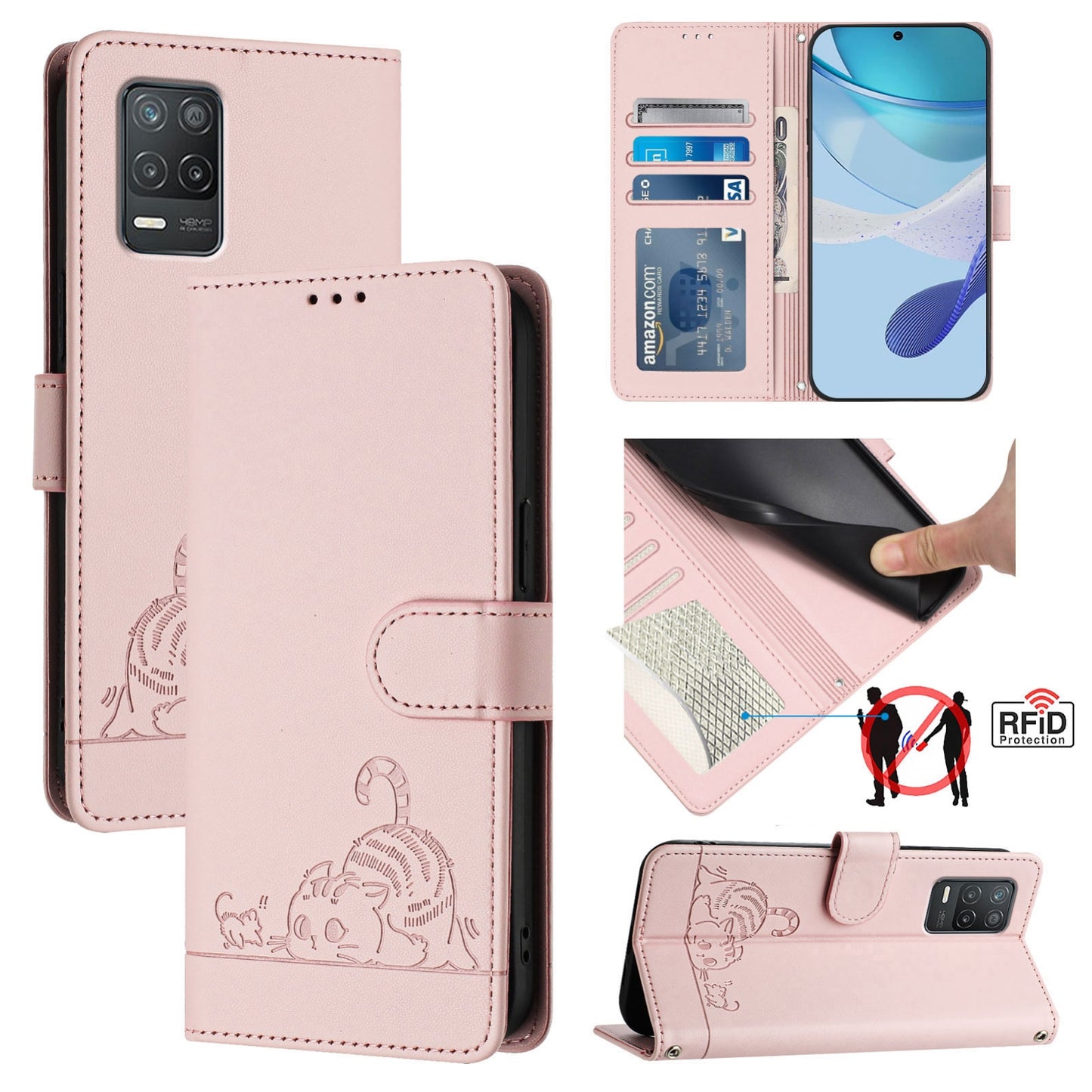 Realme 9 5G India Cat & Rat Embossed RFID Leather Case, Lanyard, Wallet, Card Slots, Kickstand, Anti-Fall, Scratch-Resistant