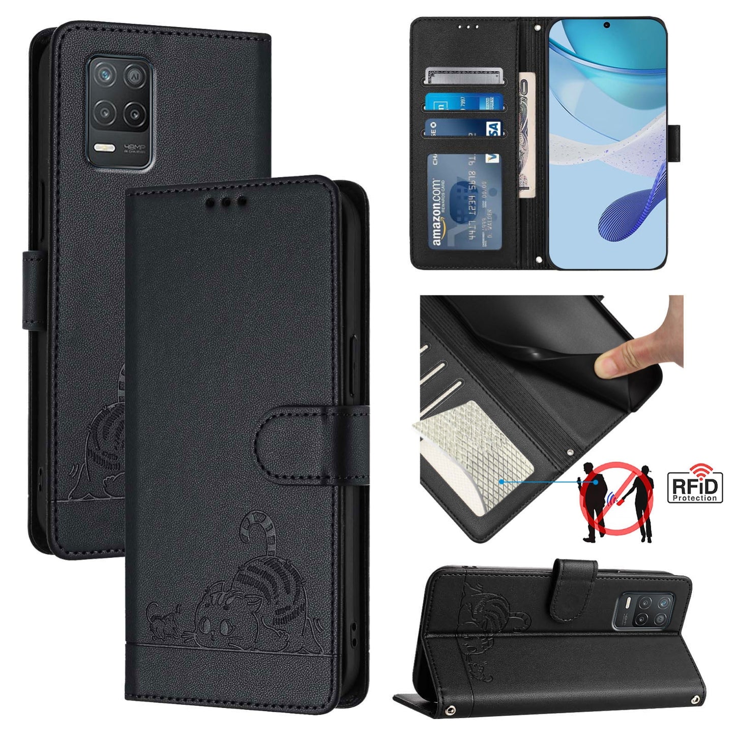Realme 9 5G India Cat & Rat Embossed RFID Leather Case, Lanyard, Wallet, Card Slots, Kickstand, Anti-Fall, Scratch-Resistant