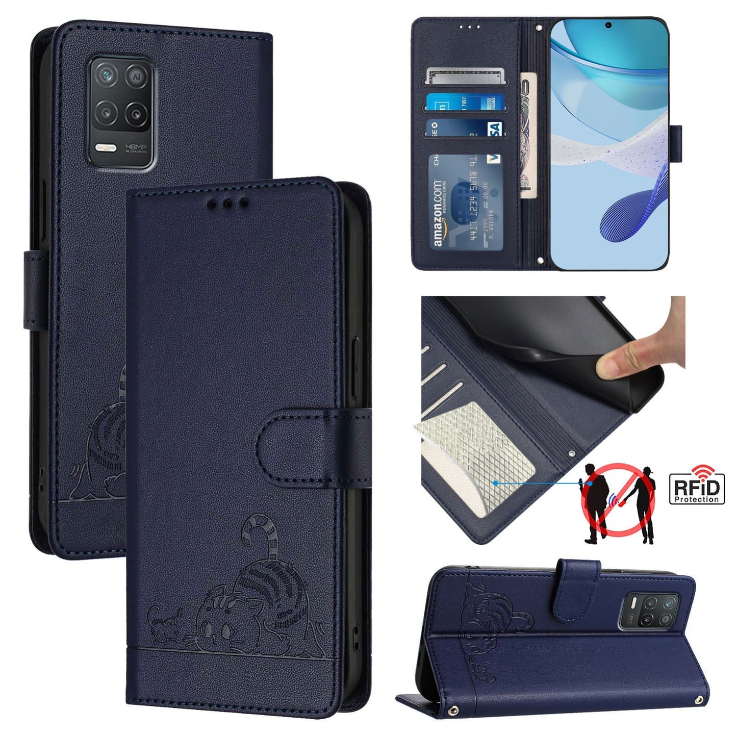 Realme 8 5G Cat & Rat Embossed RFID Leather Case, Lanyard, Wallet, Card Slots, Kickstand, Anti-Fall, Scratch-Resistant